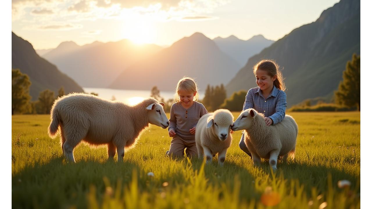 En glad familie med barn som klapper dyr på Fjordsyn Gard, med frodige norske fjell i bakgrunnen.